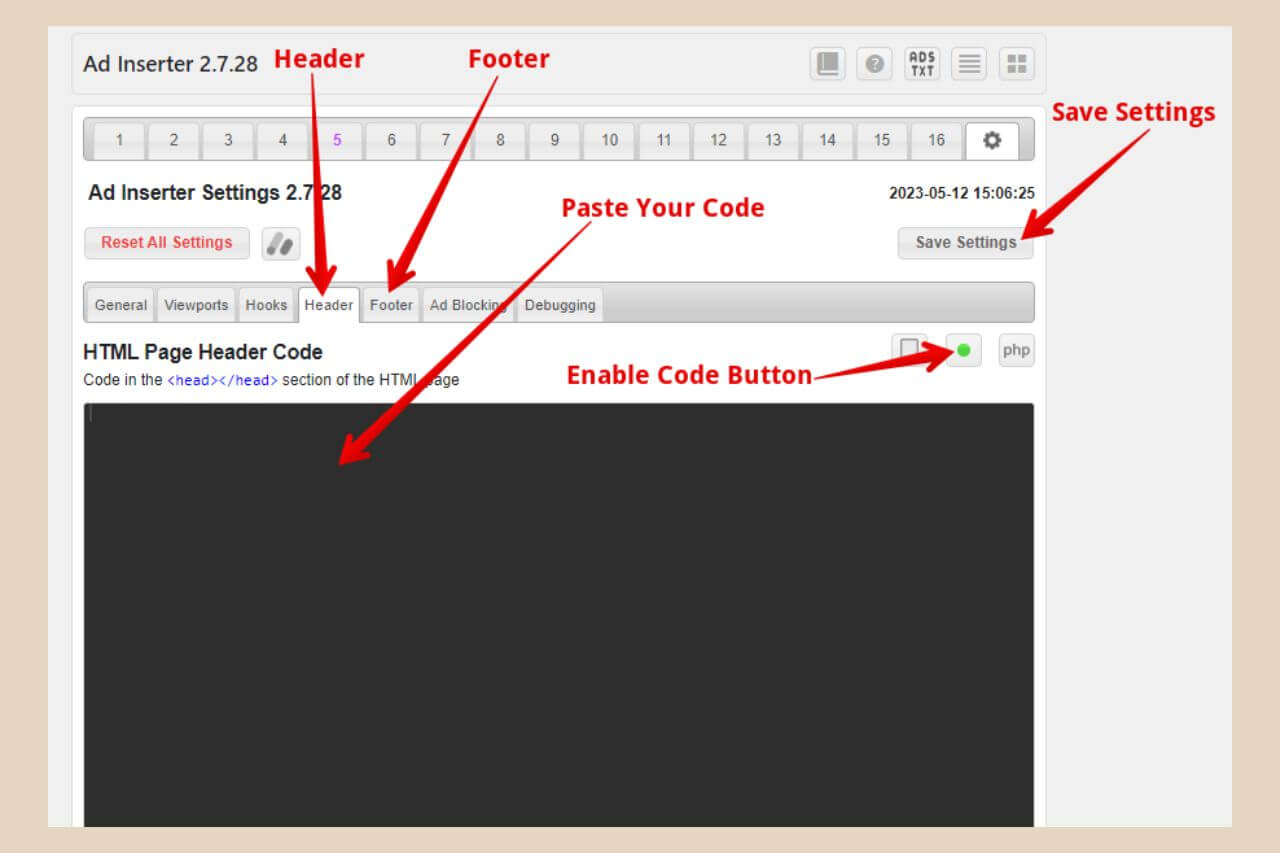 adding header code to ad inserter