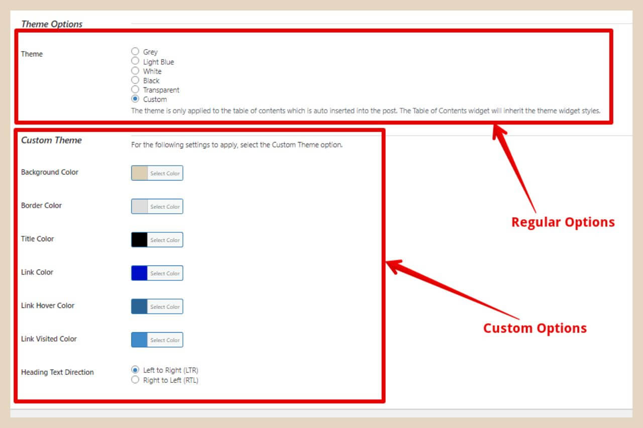 easy table of contents colour settings