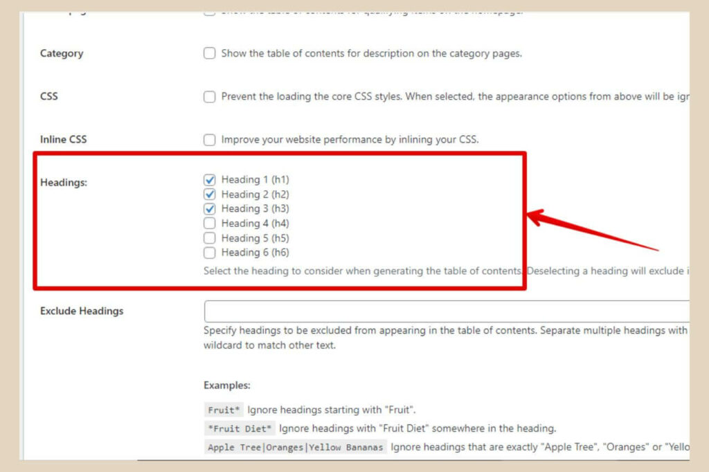 easy table of contents heading settings