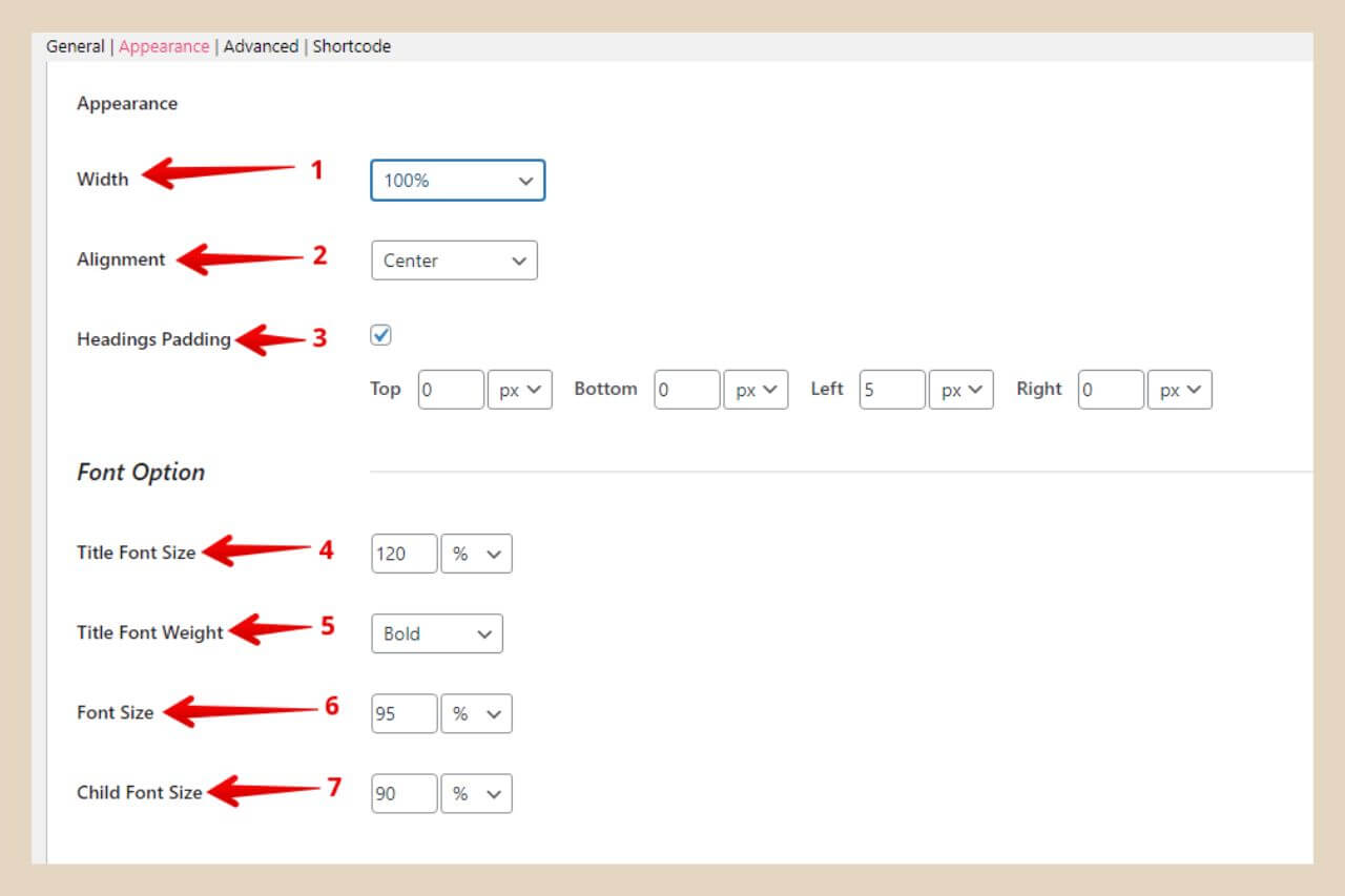 easy table of contents more settings