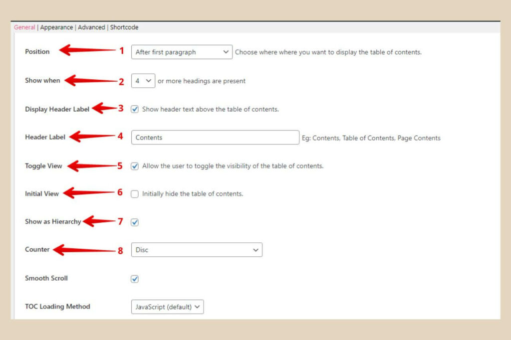 easy table of contents settings