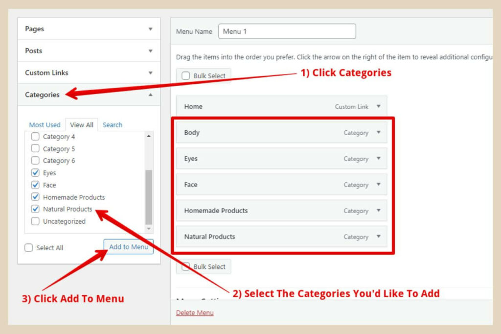 adding categories to menus