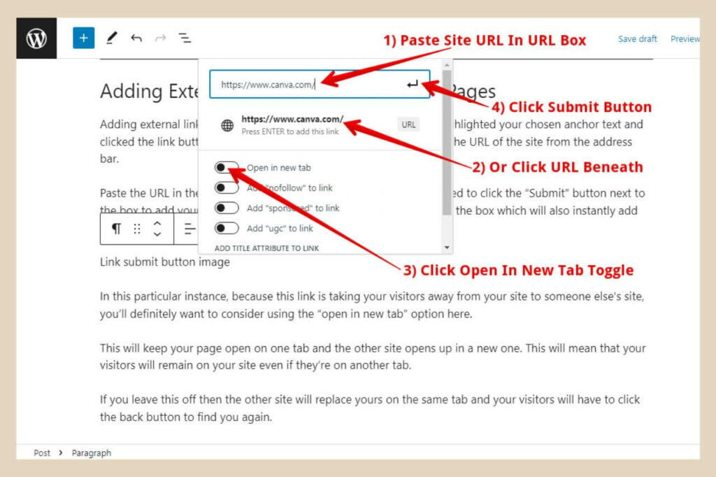 adding external links in wordpress