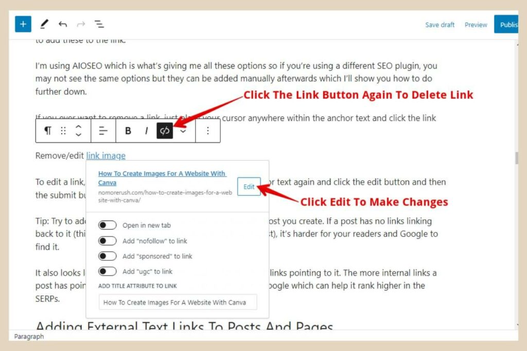 delete or edit links in wordpress