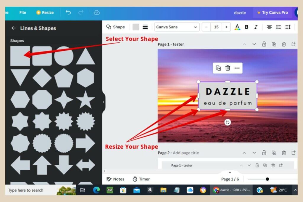 resizing shapes in canva
