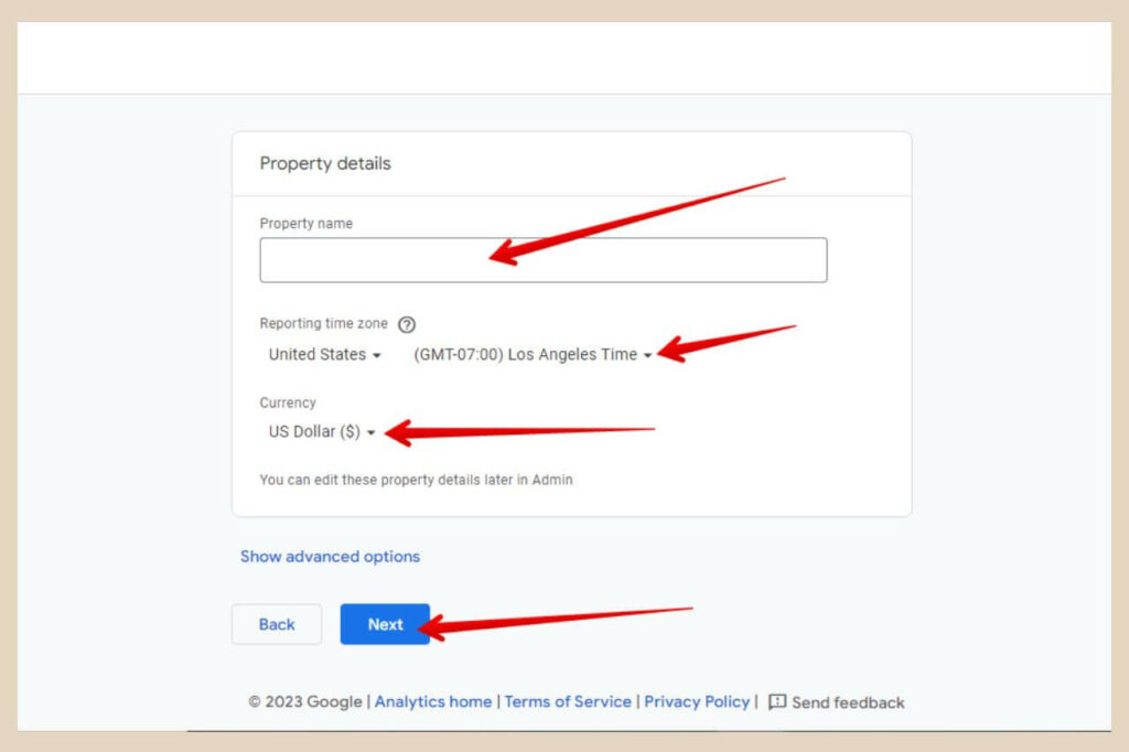 create a property in google analytics