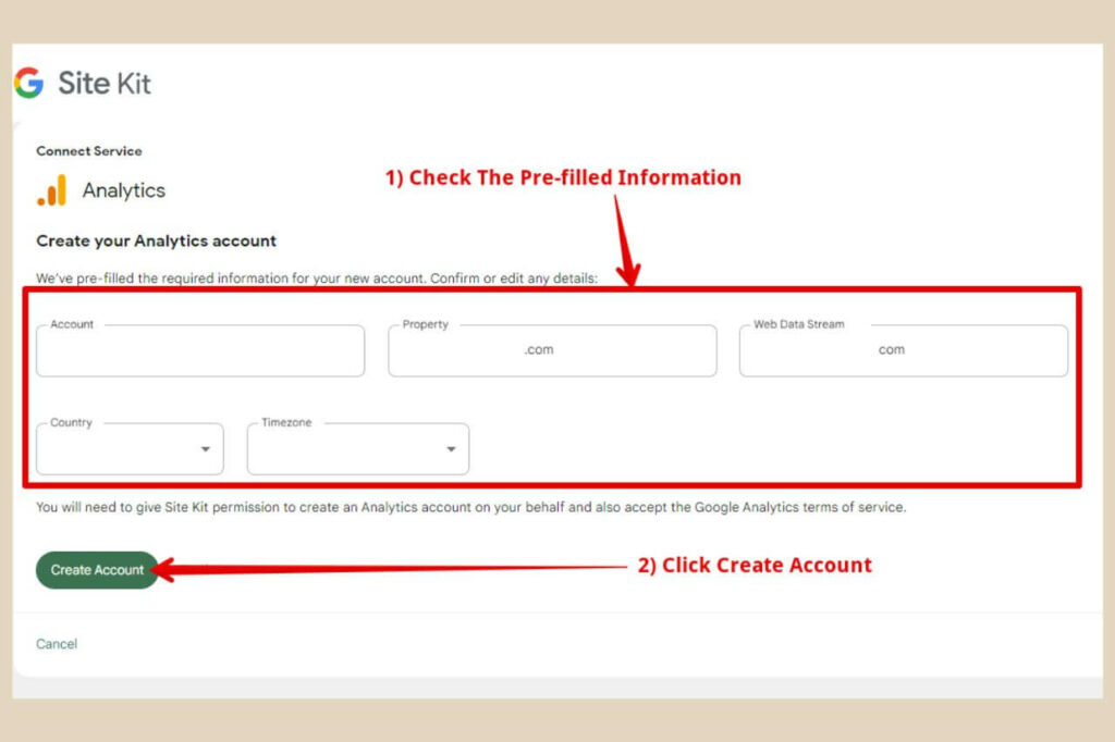 create new account in site kit