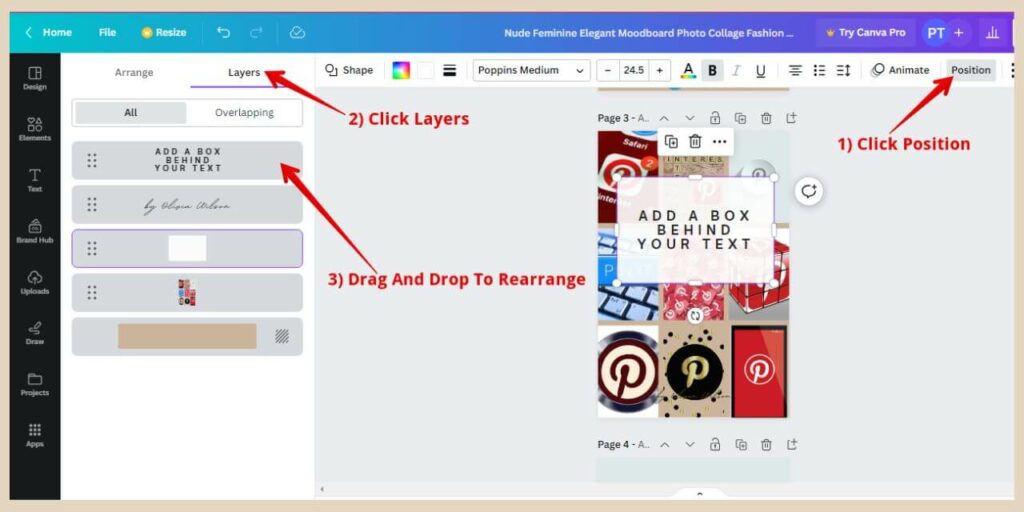 changing element positions in canva