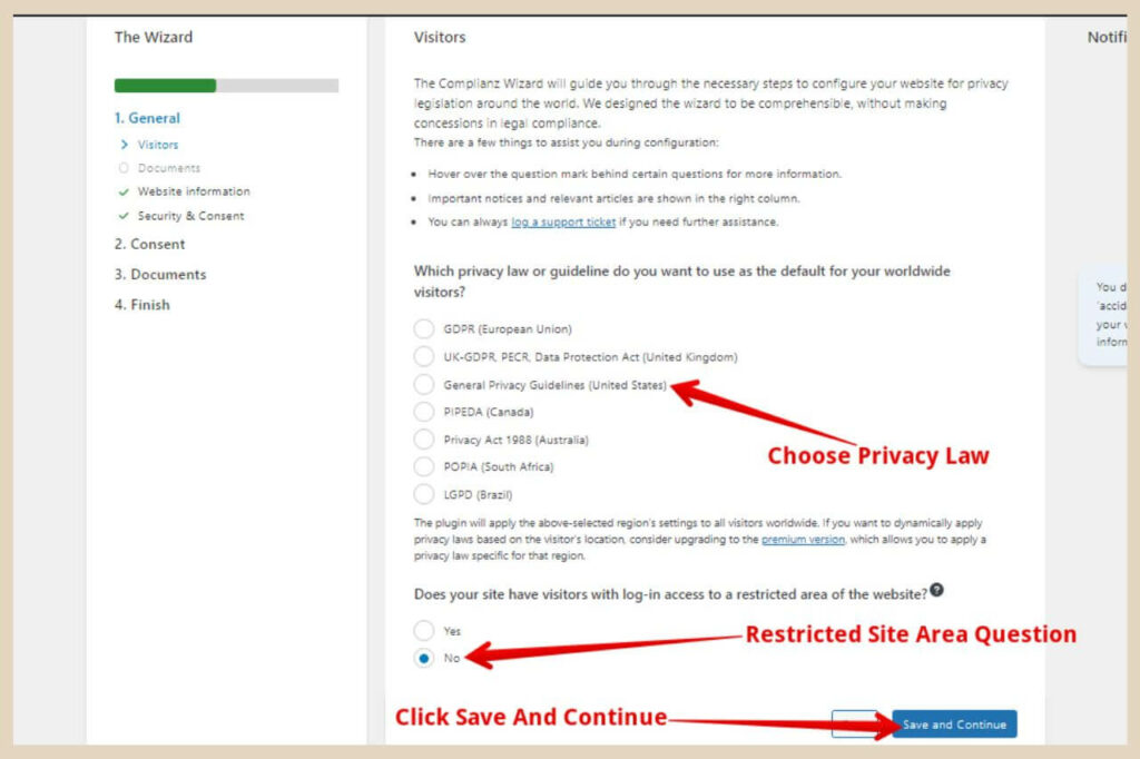 choose privacy law in complianz plugin