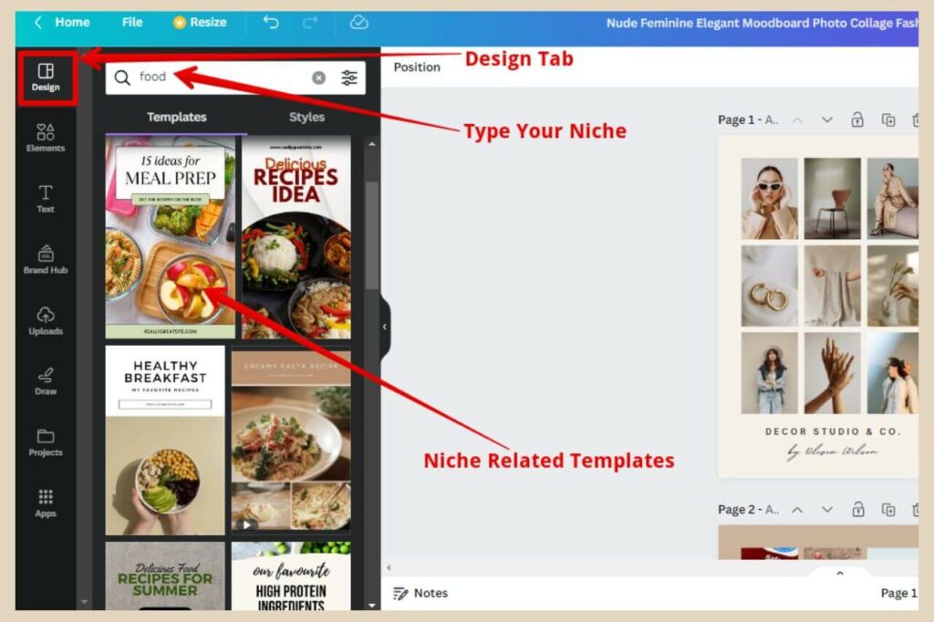 niche related templates in canva