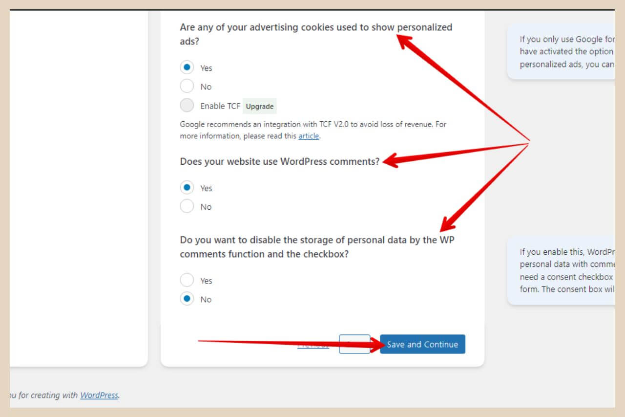 personal ads in complianz plugin