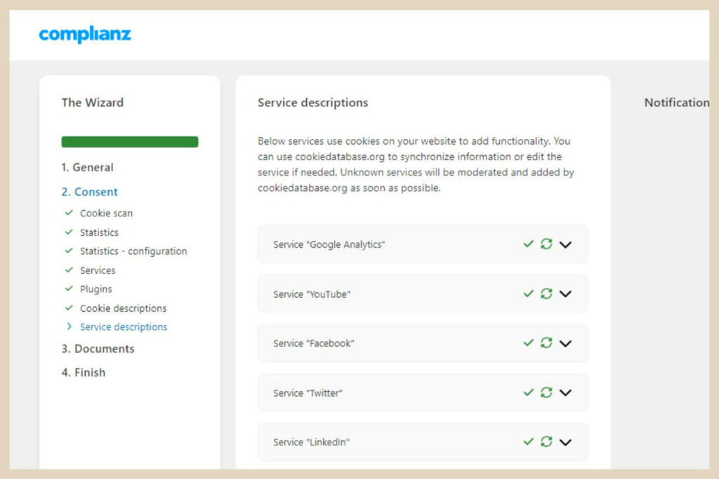 service descriptions in complianz plugin