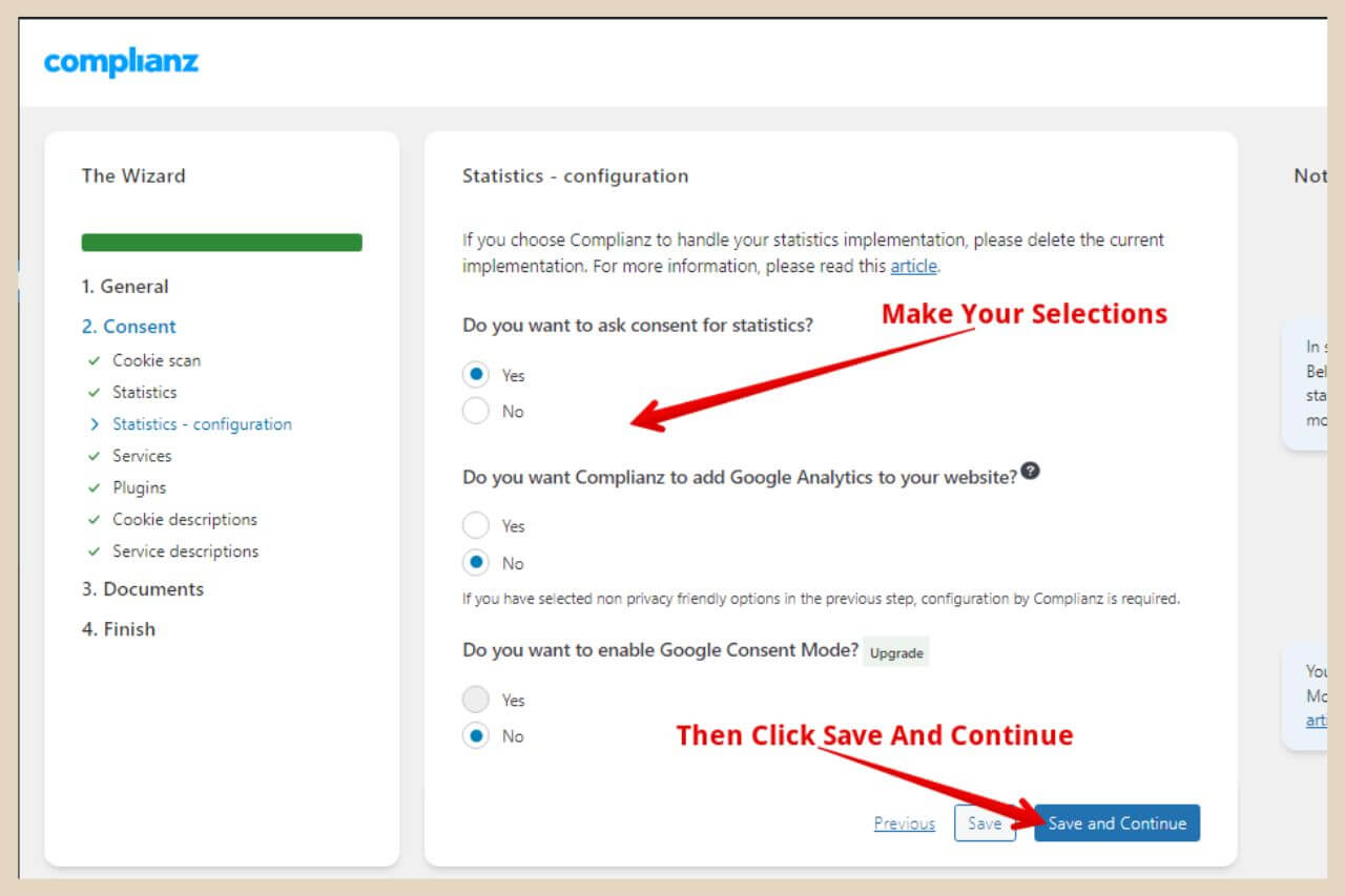 statistics configuration in complianz plugin