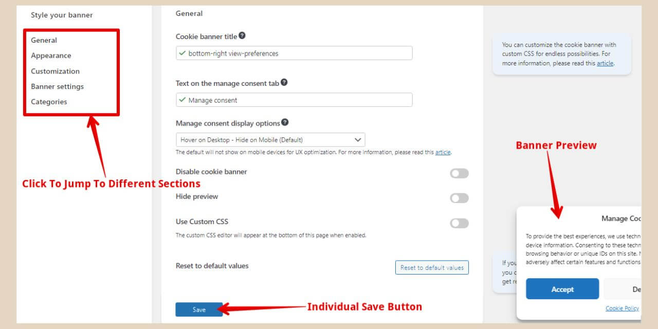 styling the complianz plugin cookie banner