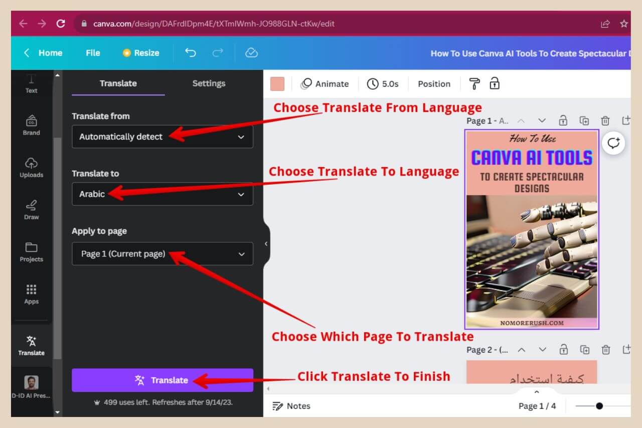 the canva ai tool translate