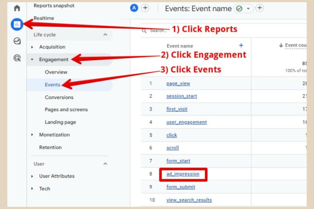 view adsense data by events