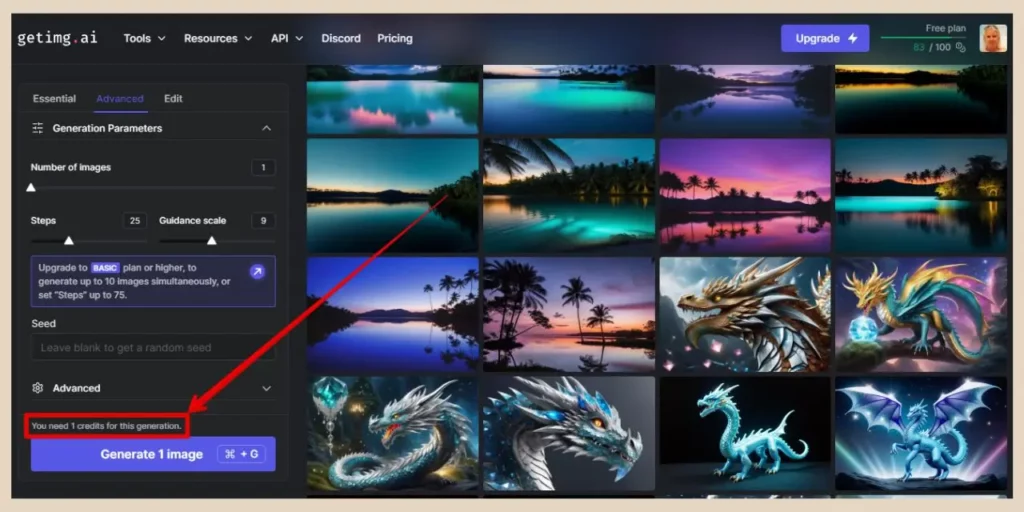 image generation credit cost in getimg.ai