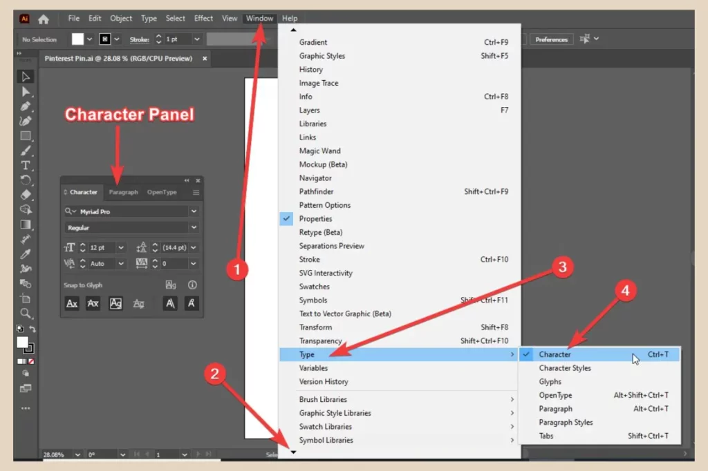 character panel in adobe illustrator