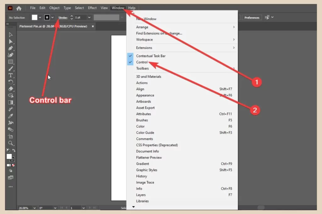 Control bar in adobe illustrator