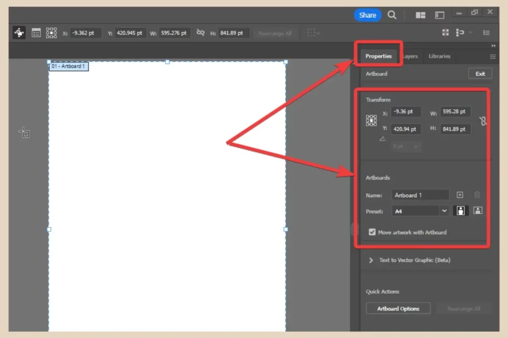artboard options on properties panel in adobe illustrator