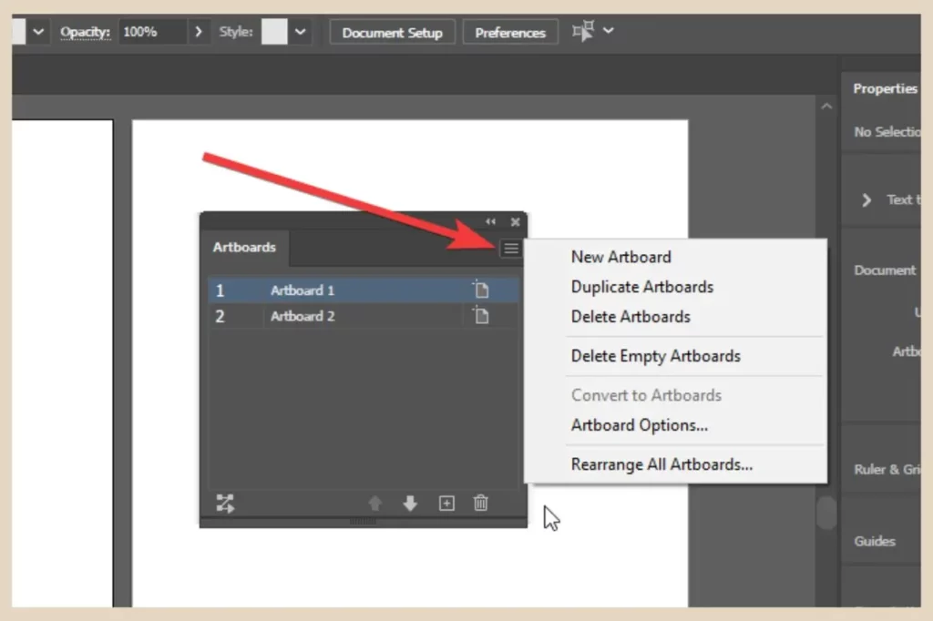 artboards panel menu in adobe illustrator