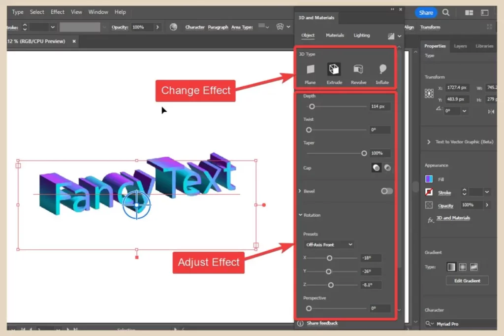 adjust 3d and materials effects in adobe illustrator